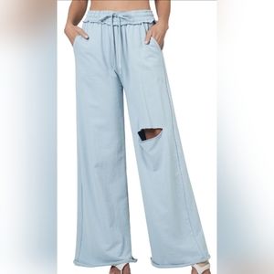 Zenana Cut-out Wide Leg Jogger Pants  (Ash Blue)